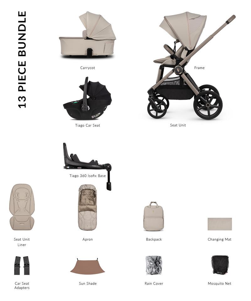 Venicci Upline3 Travel System Inc Tiago Car Seat & 360 Base 13 Piece Luxury Bundle - Pebble