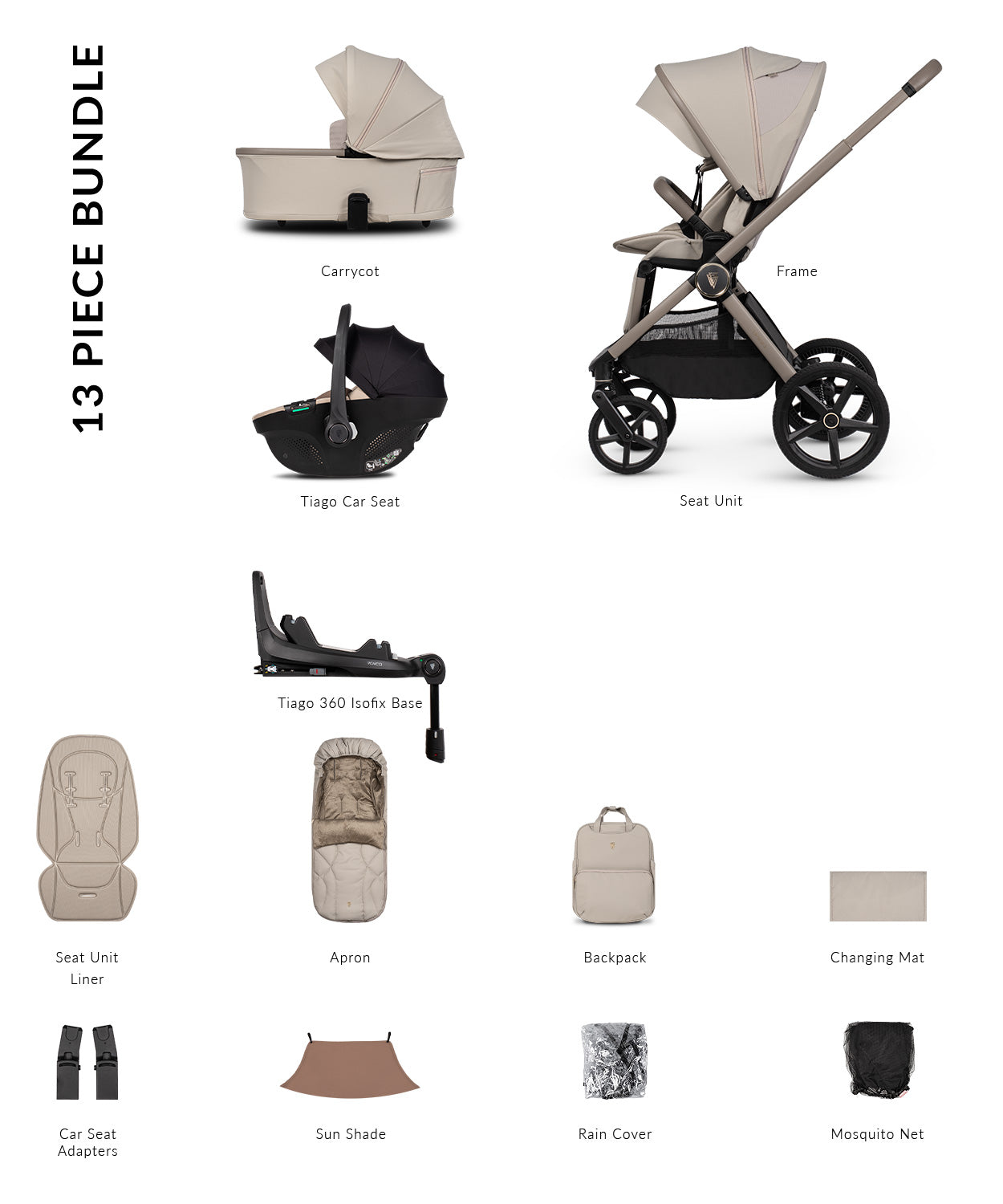 Venicci Upline3 Travel System Inc Tiago Car Seat & 360 Base 13 Piece Luxury Bundle - Pebble