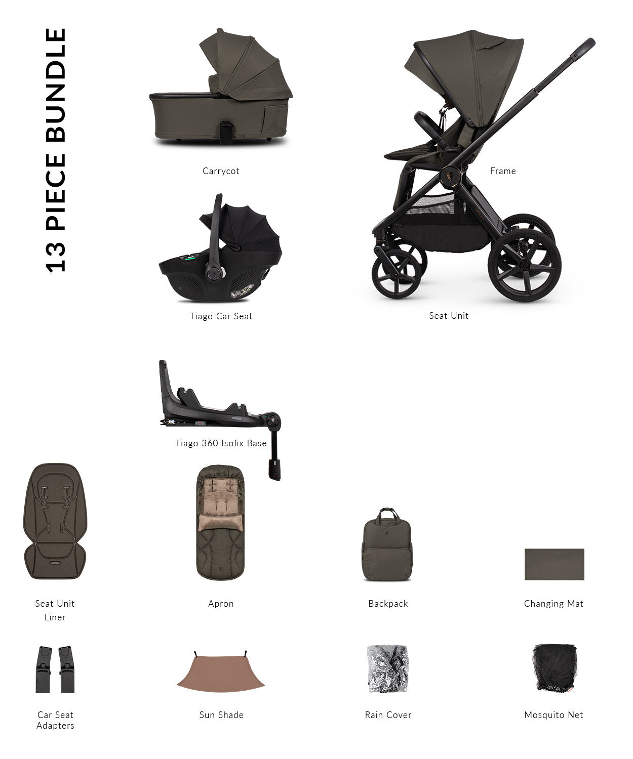 Venicci Upline3 Travel System Inc Tiago Car Seat & 360 Base 13 Piece Luxury Bundle - Truffle