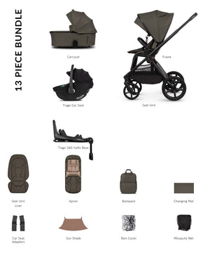 Venicci Upline3 Travel System Inc Tiago Car Seat & 360 Base 13 Piece Luxury Bundle - Truffle