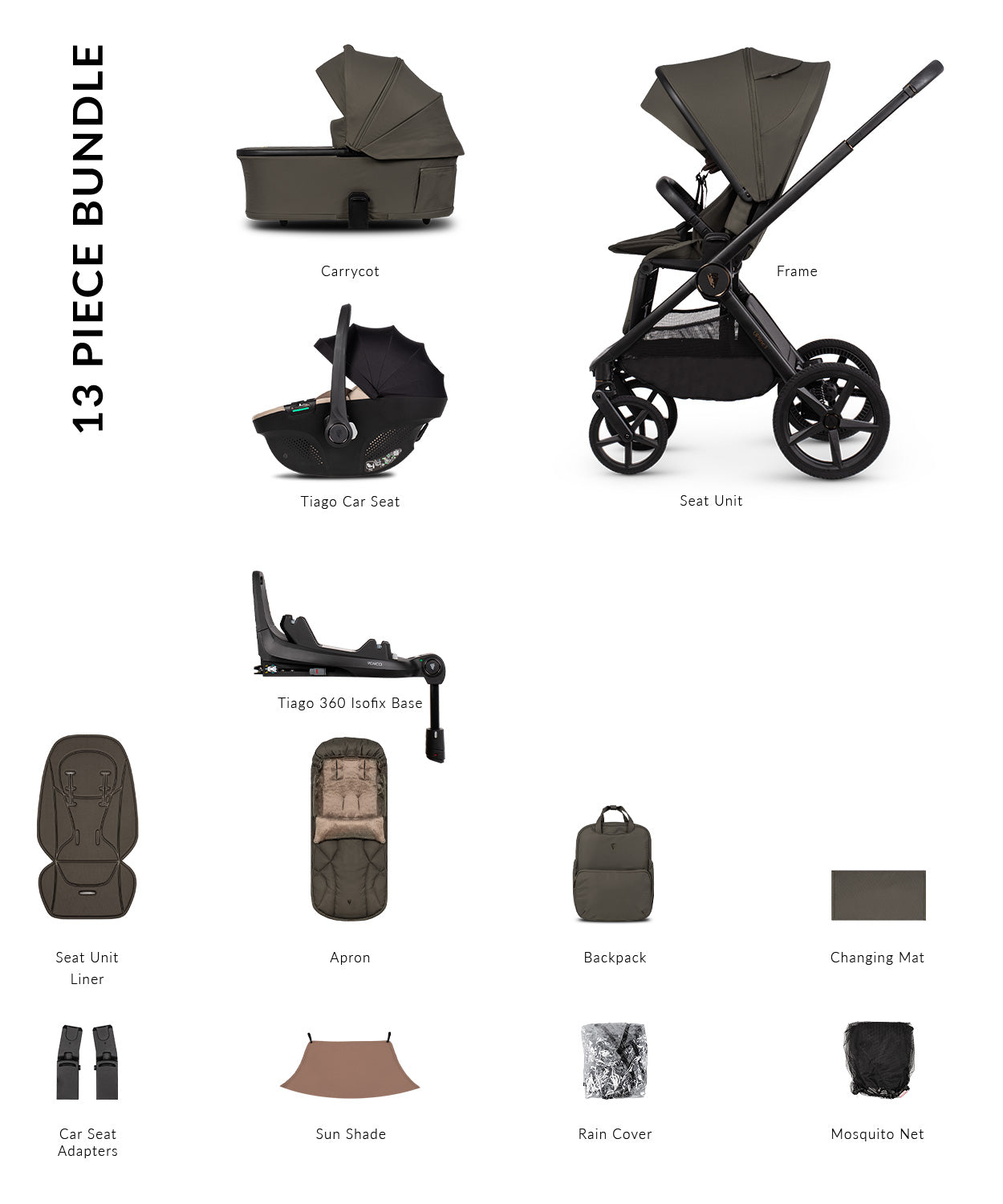 Venicci Upline3 Travel System Inc Tiago Car Seat & 360 Base 13 Piece Luxury Bundle - Truffle