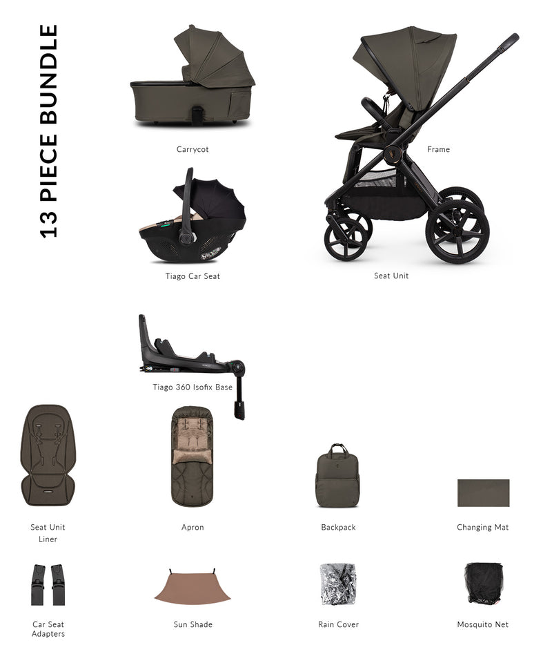 Venicci Upline3 Travel System Inc Tiago Car Seat & 360 Base 13 Piece Luxury Bundle - Truffle