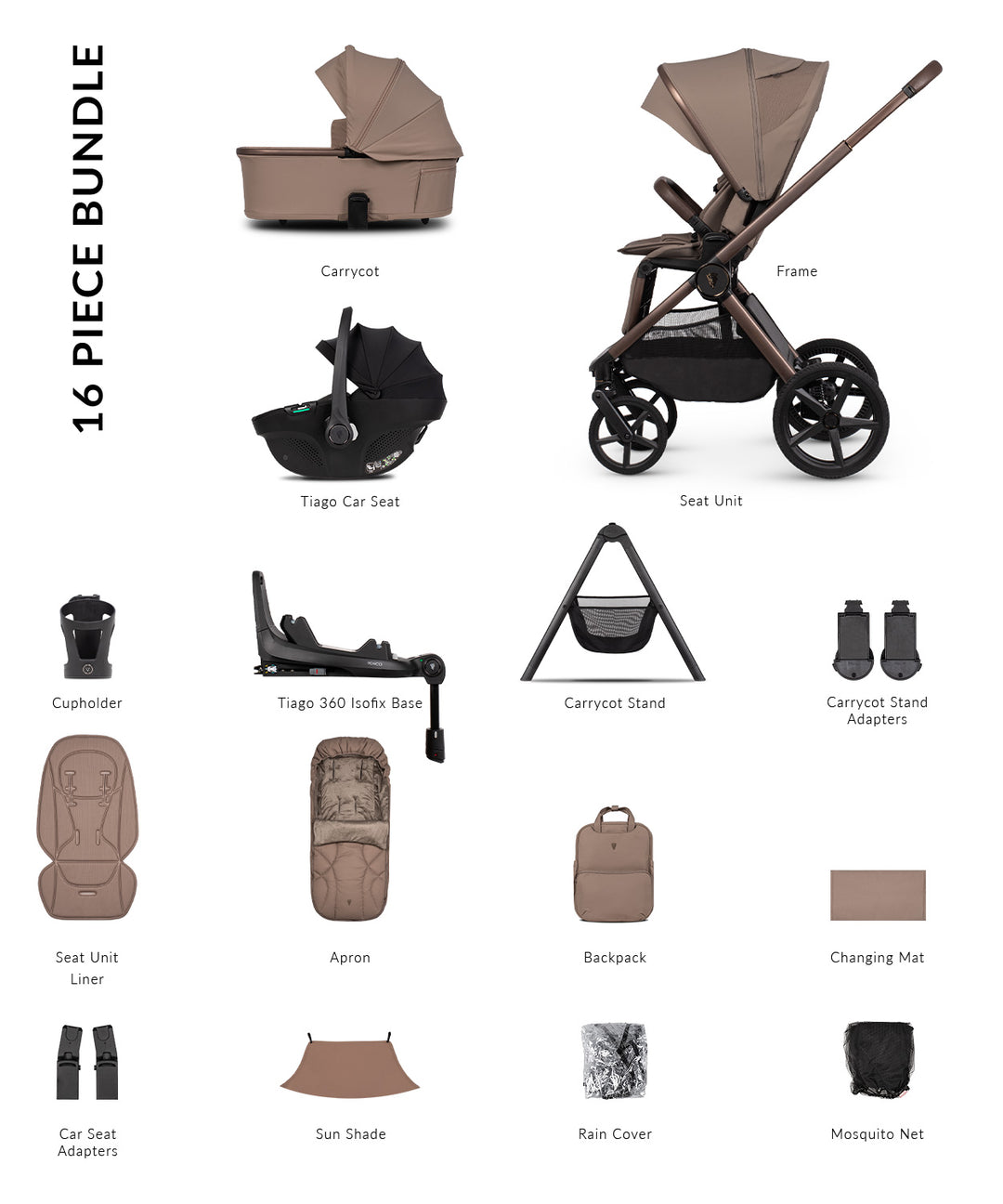 Venicci Upline3 Travel System Inc Tiago Car Seat & 360 Base 16 Piece Ultimate Bundle - Sand