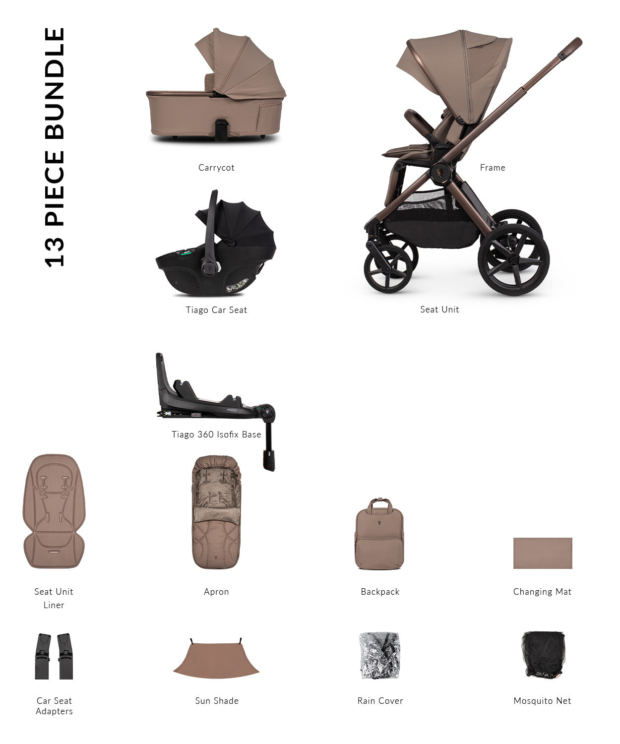 Venicci Upline3 Travel System Inc Tiago Car Seat & 360 Base 13 Piece Luxury Bundle - Sand