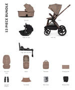 Venicci Upline3 Travel System Inc Tiago Car Seat & 360 Base 13 Piece Luxury Bundle - Sand