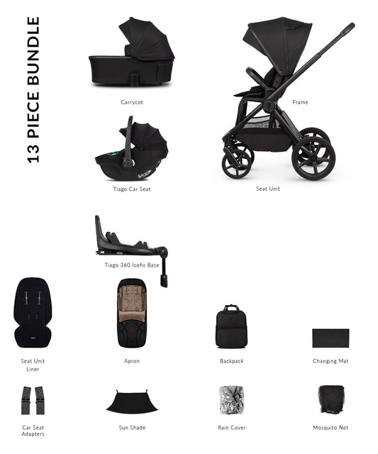 Venicci Upline3 Travel System Inc Tiago Car Seat & 360 Base 13 Piece Luxury Bundle - Onyx