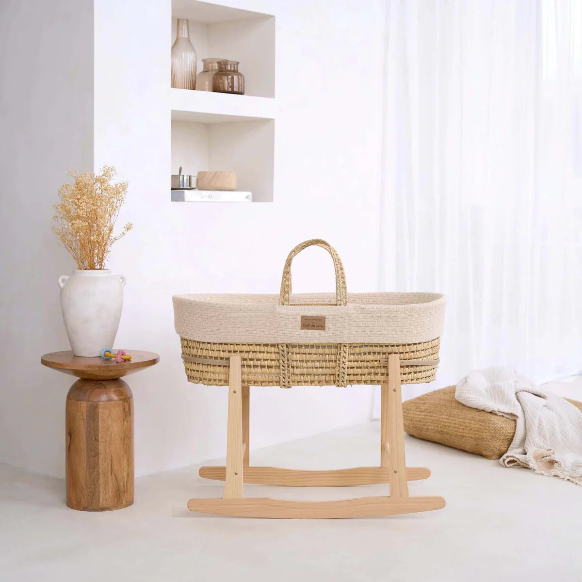 Clair De Lune Organic Knitted Palm Moses Basket + Rocking Stand - Cream