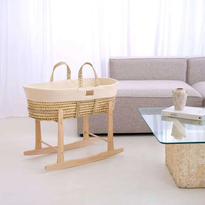 Clair De Lune Organic Knitted Palm Moses Basket + Rocking Stand - Cream