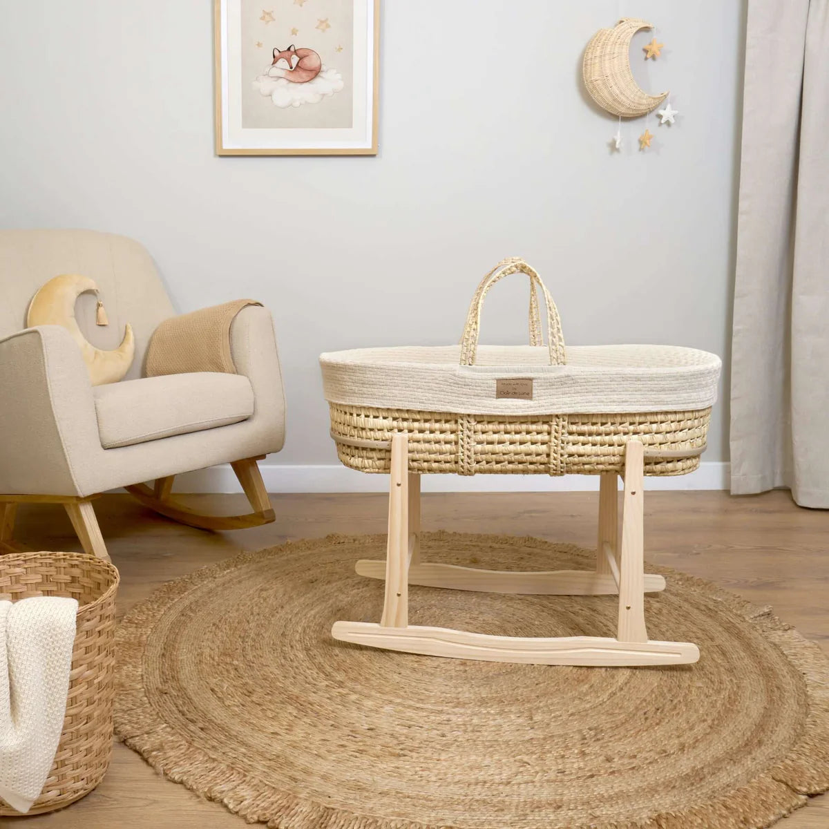 Clair De Lune Organic Knitted Palm Moses Basket + Rocking Stand - Cream