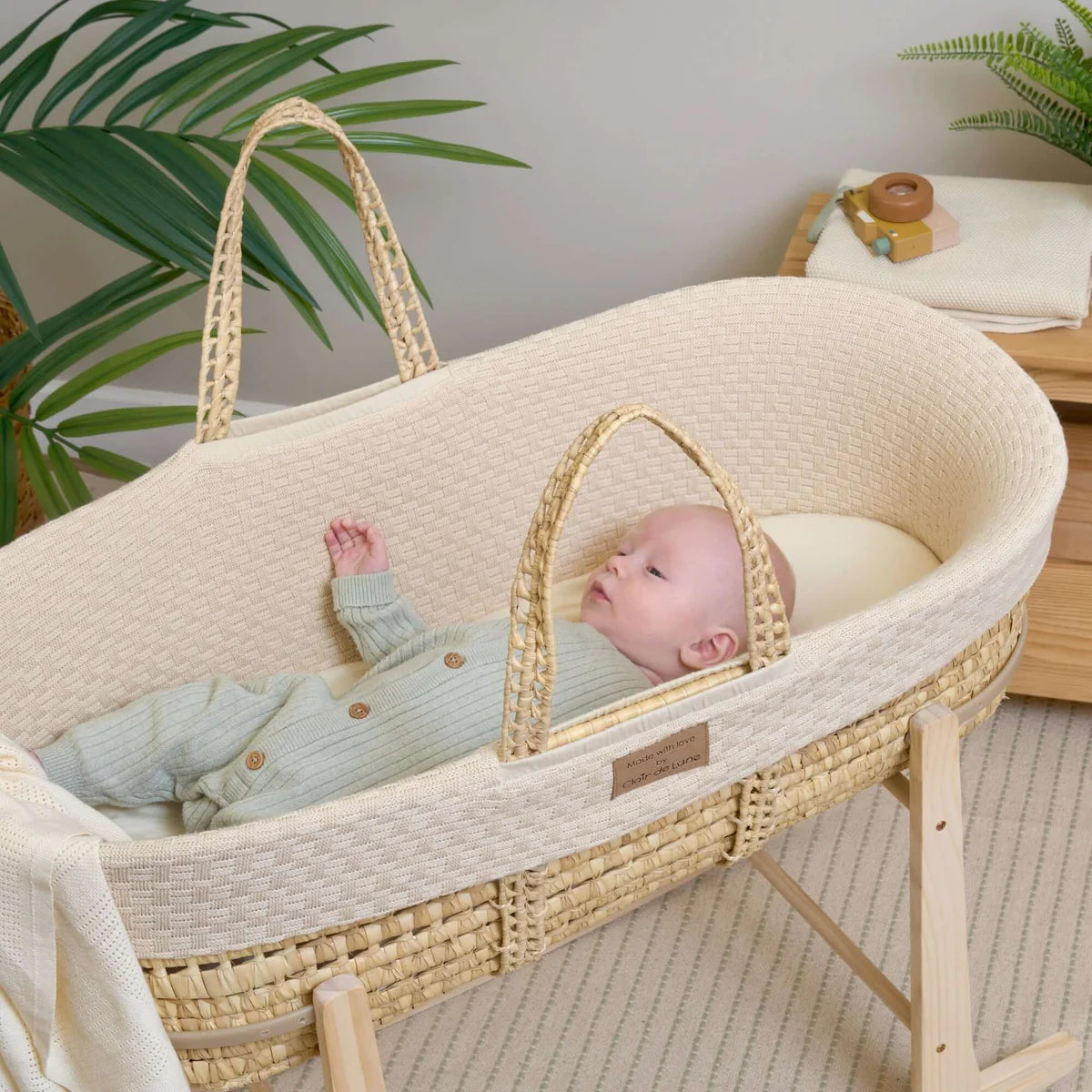 Clair De Lune Organic Knitted Palm Moses Basket + Rocking Stand - Cream