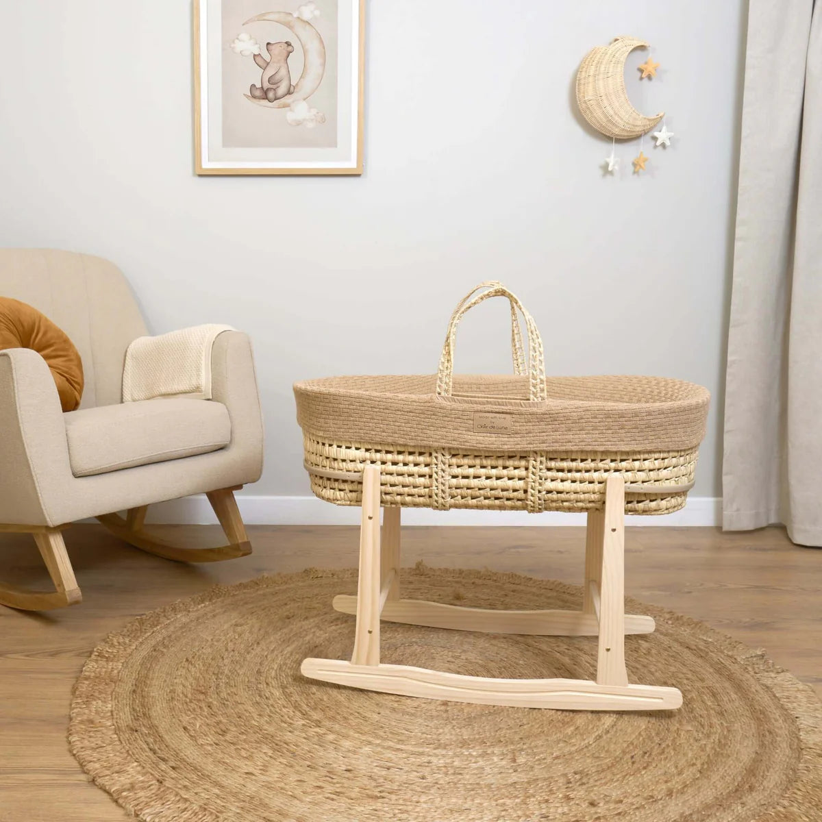 Clair De Lune Organic Knitted Palm Moses Basket + Rocking Stand - Biscuit