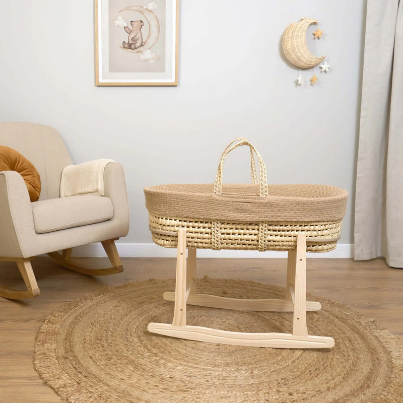 Clair De Lune Organic Knitted Palm Moses Basket + Rocking Stand - Biscuit