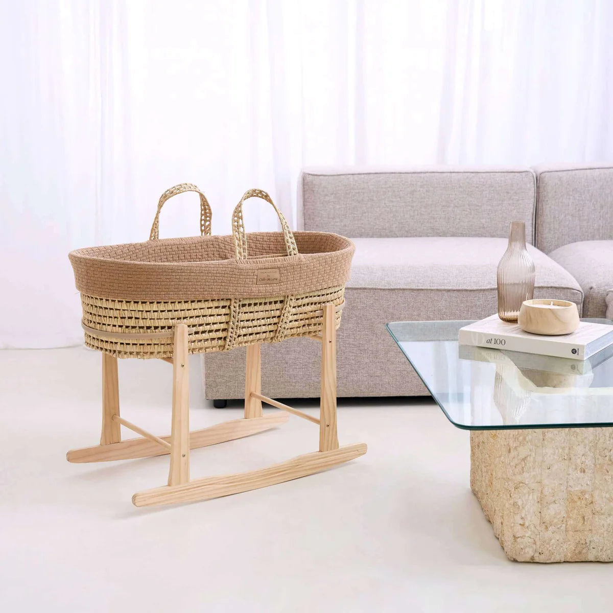 Clair De Lune Organic Knitted Palm Moses Basket + Rocking Stand - Biscuit