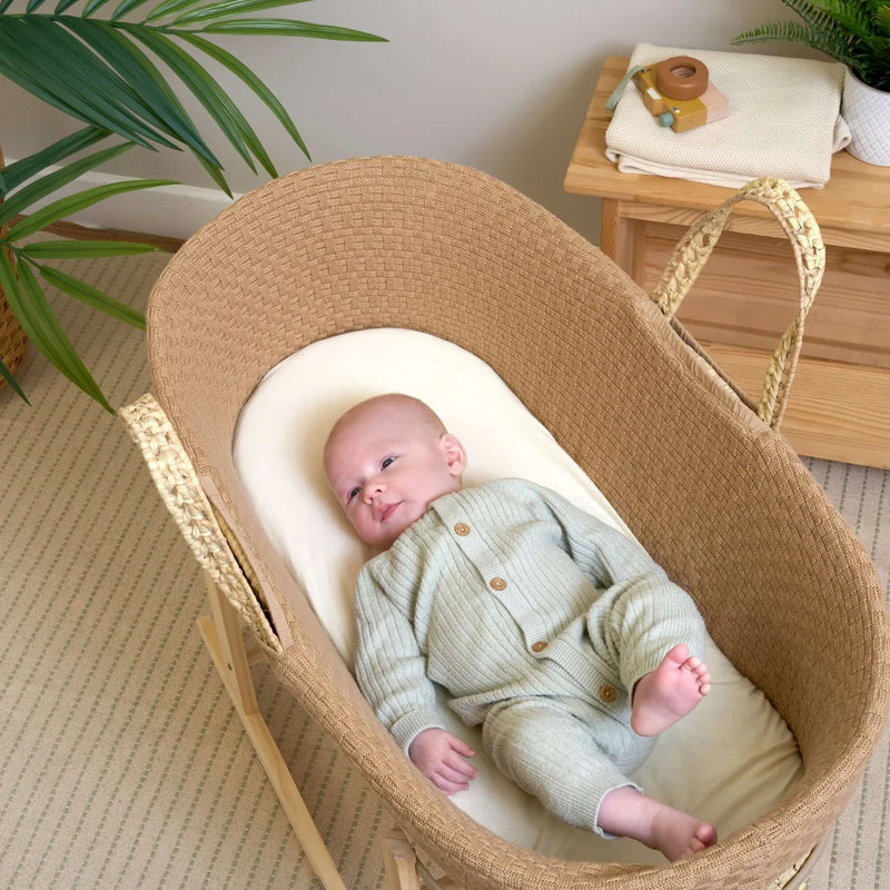 Clair De Lune Organic Knitted Palm Moses Basket + Rocking Stand - Biscuit