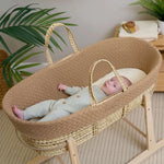 Clair De Lune Organic Knitted Palm Moses Basket + Rocking Stand - Biscuit