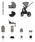 Venicci Upline3 Travel System Inc Tiago Car Seat & 360 Base 13 Piece Luxury Bundle - Aloe