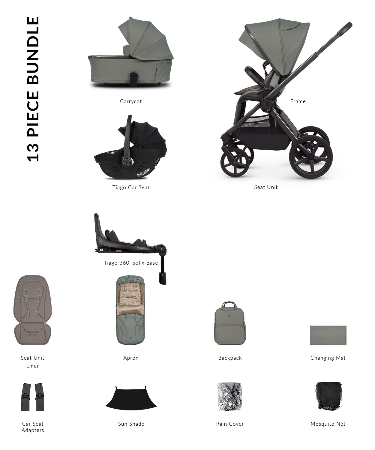 Venicci Upline3 Travel System Inc Tiago Car Seat & 360 Base 13 Piece Luxury Bundle - Aloe