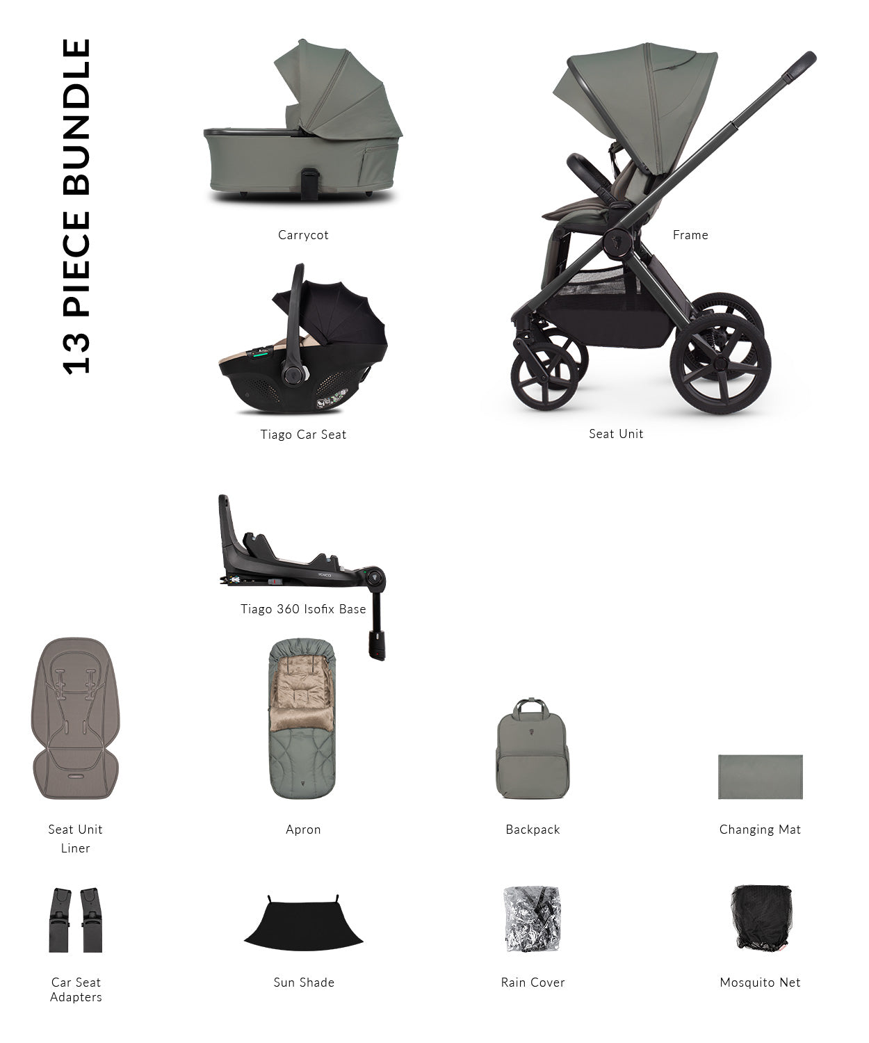 Venicci Upline3 Travel System Inc Tiago Car Seat & 360 Base 13 Piece Luxury Bundle - Aloe