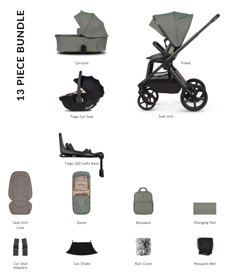 Venicci Upline3 Travel System Inc Tiago Car Seat & 360 Base 13 Piece Luxury Bundle - Aloe