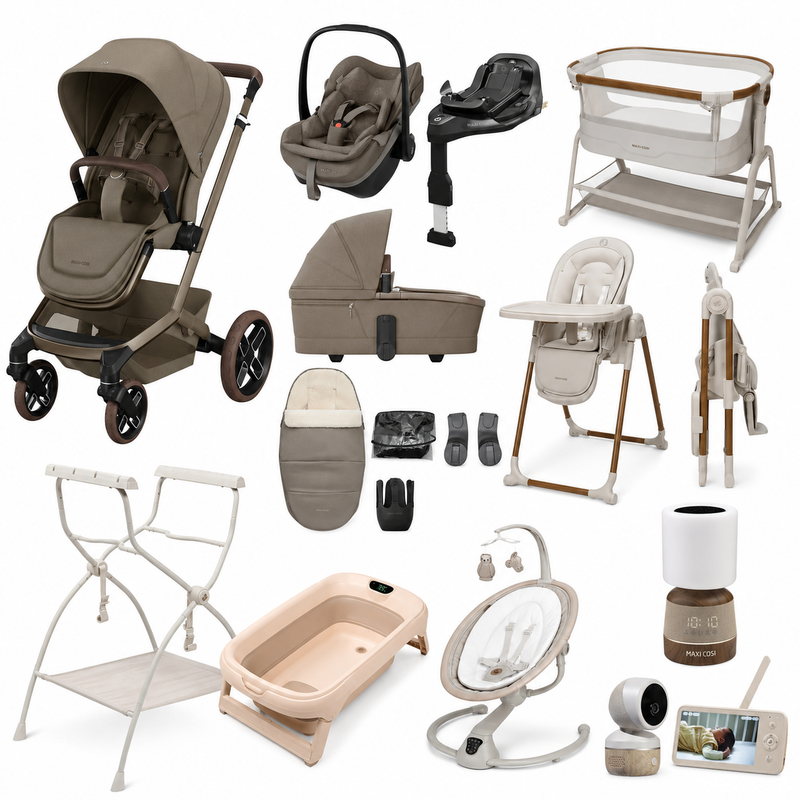 Maxi-Cosi Ultimate Fame Travel System & Home Baby Bundle - Sapphire Sand/Elegance Beige