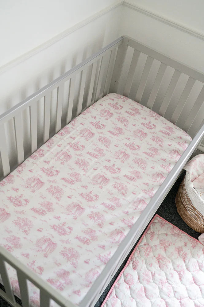 The Gilded Bird Spring Toile Pink Fitted Cot Bed Sheet