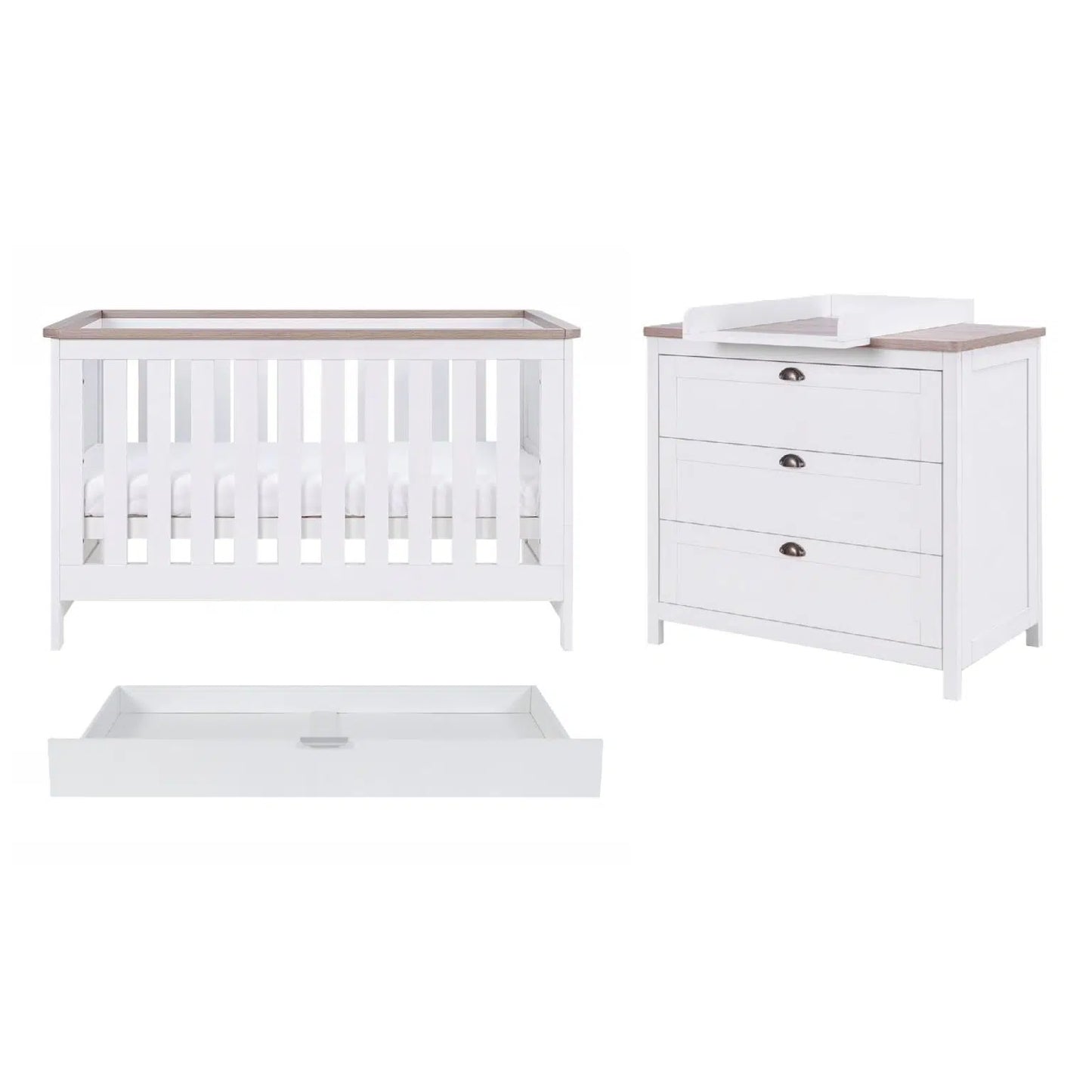 Tutti Bambini Verona 2 Piece Room Set (Cot Bed And Dresser) + Under Drawer - White/Oak