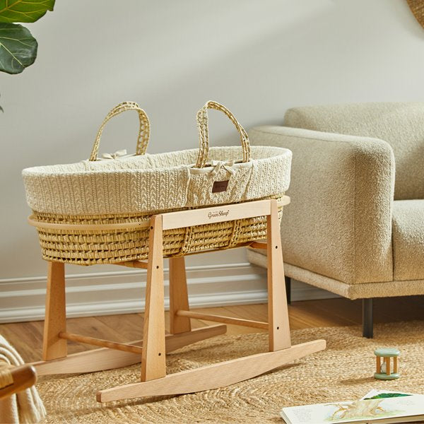 The little Green Sheep Organic Knitted Moses Basket, Mattress & Natural Rocking Stand - Linen