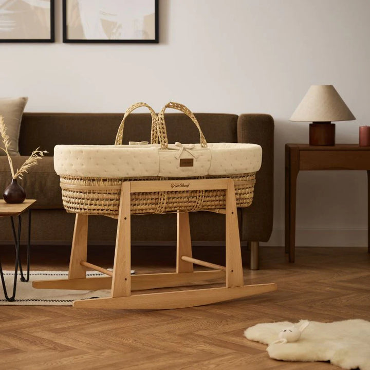 The Little Green Sheep Organic Dimple Quilted Moses Basket, Mattress & Natural Rocking Stand - Linen