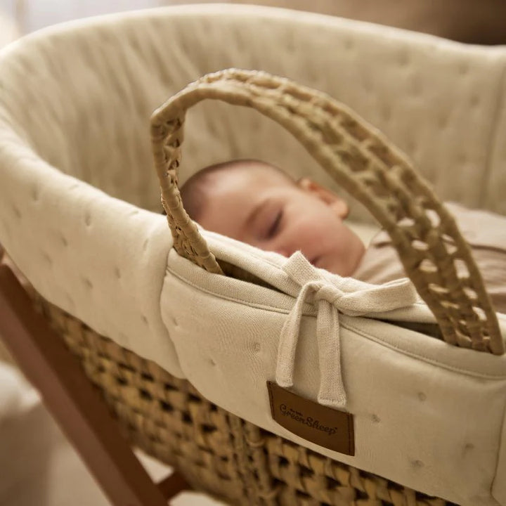 The Little Green Sheep Organic Dimple Quilted Moses Basket, Mattress & Natural Rocking Stand - Linen