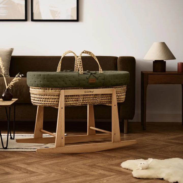 The Little Green Sheep Organic Dimple Quilted Moses Basket, Mattress & Natural Rocking Stand - Juniper