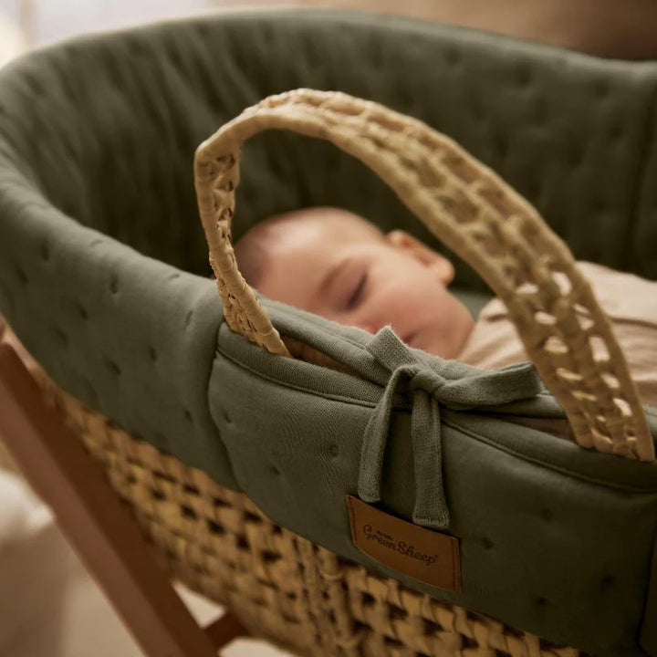 The Little Green Sheep Organic Dimple Quilted Moses Basket, Mattress & Natural Rocking Stand - Juniper