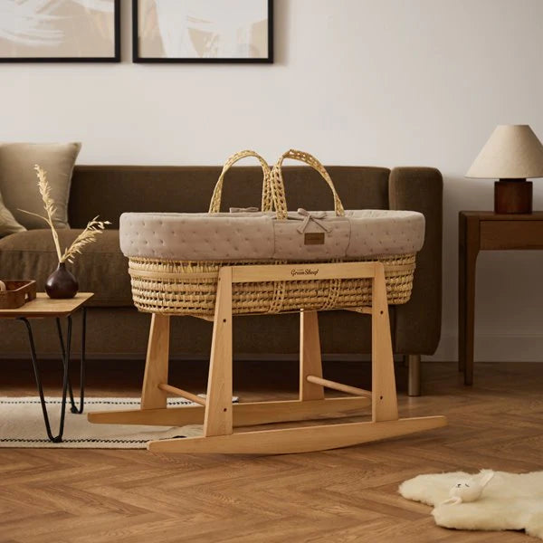 The Little Green Sheep Organic Dimple Quilted Moses Basket, Mattress & Natural Rocking Stand - Truffle