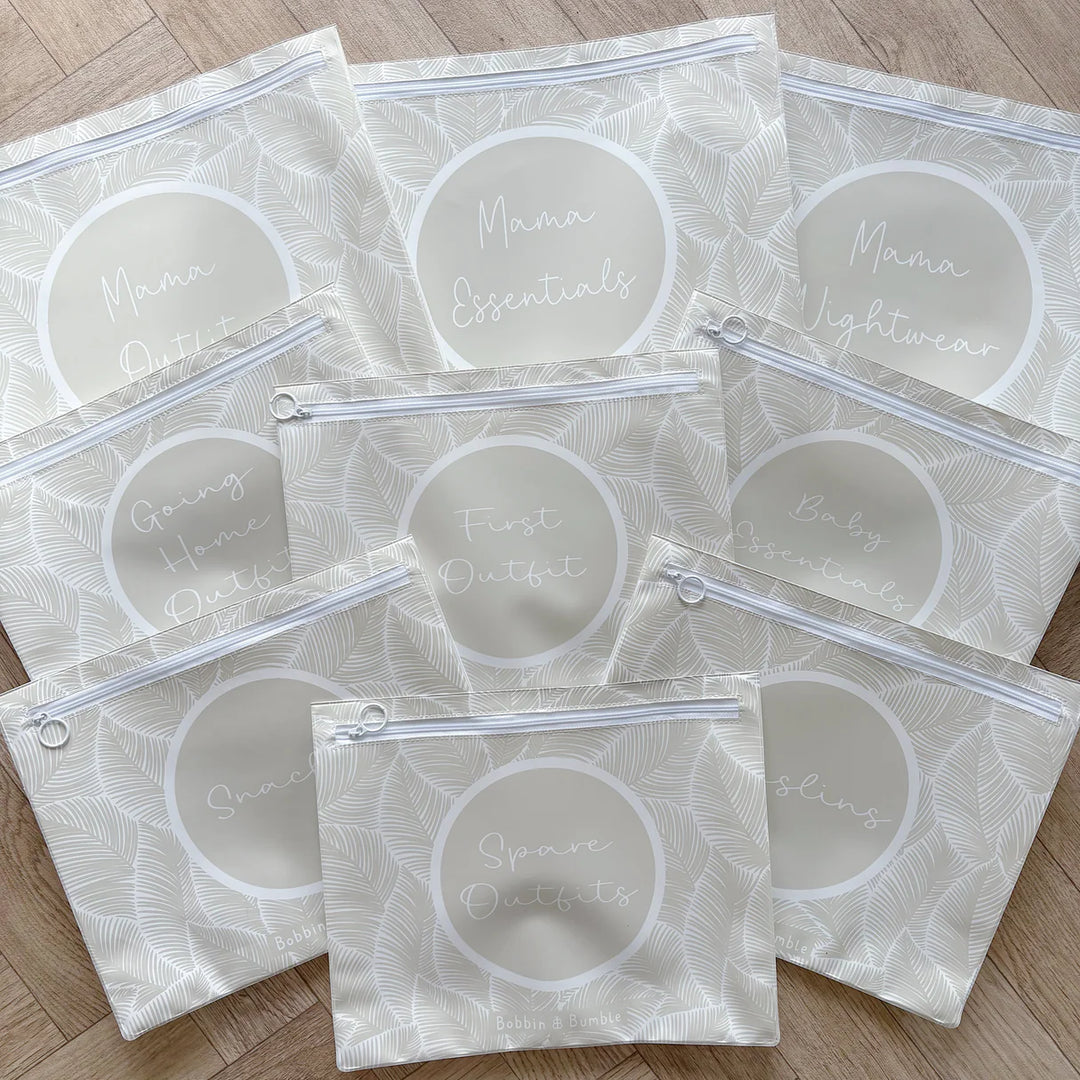 Bobbin & Bumble Hospital Bag Organiser Pouches - Beige Leaf Print