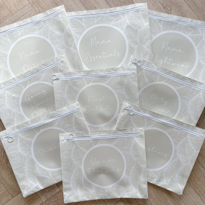 Bobbin & Bumble Hospital Bag Organiser Pouches - Beige Leaf Print