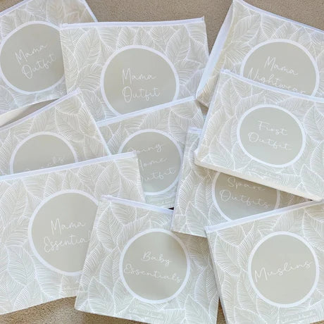 Bobbin & Bumble Hospital Bag Organiser Pouches - Beige Leaf Print
