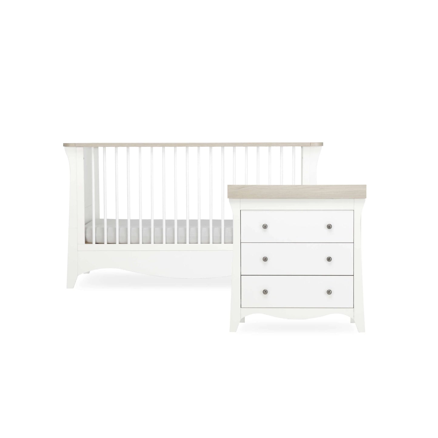 CuddleCo Clara 2 Piece Nursery Furniture Set (Cot Bed & Dresser) - White & Ash