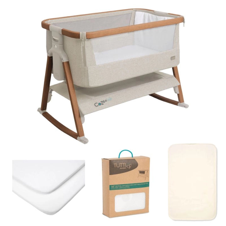 Tutti Bambini CoZee AIR Bedside Crib 4 Piece Essential Bundle - Scandinavian Walnut/Ecru