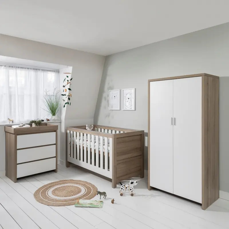 Tutti Bambini Modena Complete Nursery Bundle with Mattress, Bedding, Storage & Shelving - White/Oak