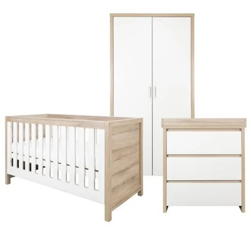 Tutti Bambini Modena Complete Nursery Bundle with Mattress, Bedding, Storage & Shelving - White/Oak
