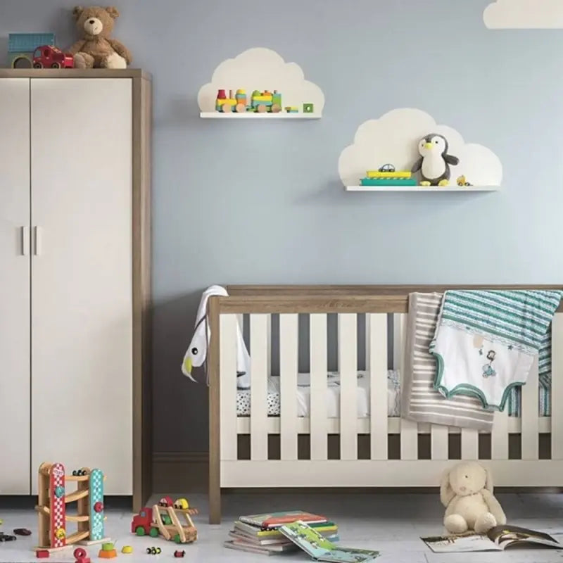 Tutti Bambini Modena Complete Nursery Bundle with Mattress, Bedding, Storage & Shelving - White/Oak