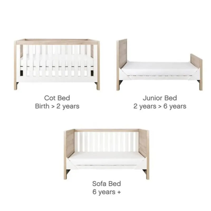 Tutti Bambini Modena Complete Nursery Bundle with Mattress, Bedding, Storage & Shelving - White/Oak