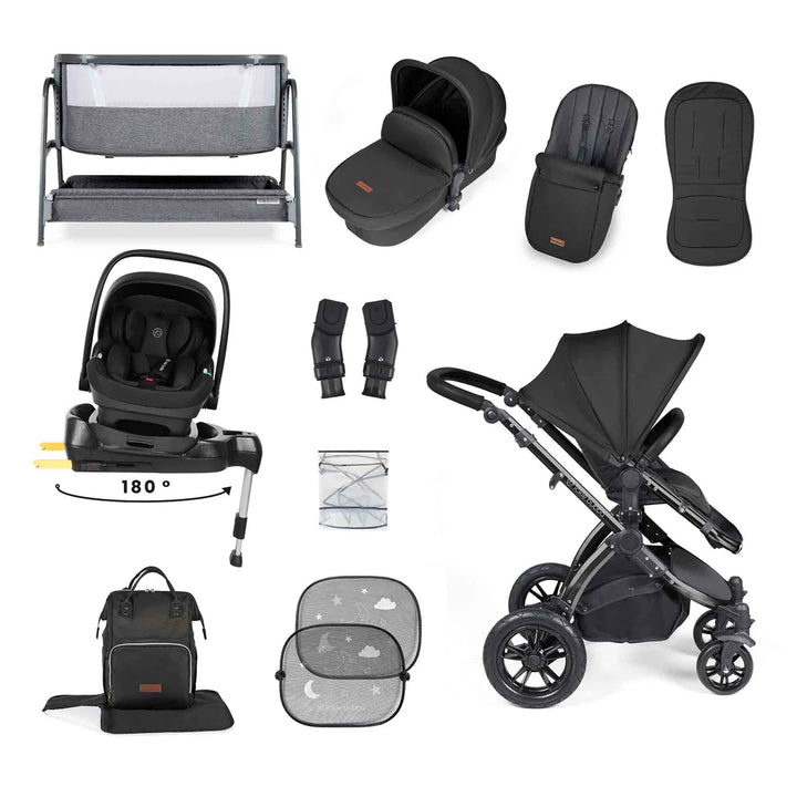 Ickle Bubba Stomp Luxe All-in-One i-Size Travel System with 360 Isofix Base (Nimbus) + Bubba&Me Bedside Crib – 14-Piece Bundle