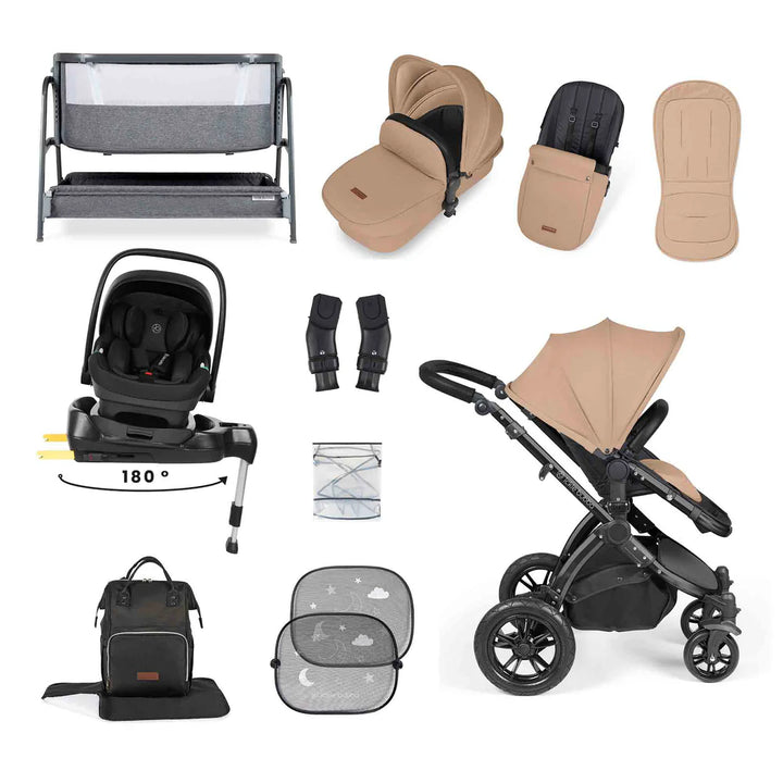 Ickle Bubba Stomp Luxe All-in-One i-Size Travel System with 360 Isofix Base (Nimbus) + Bubba&Me Bedside Crib – 14-Piece Bundle