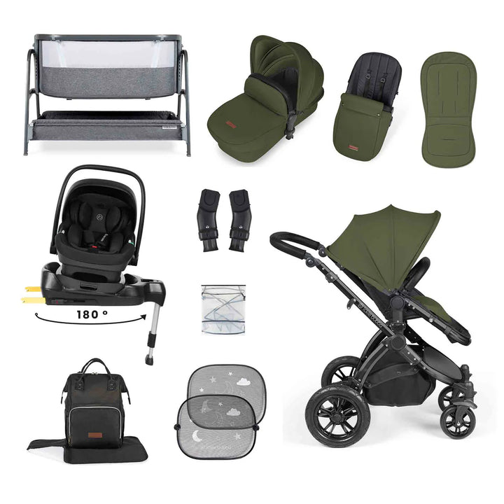 Ickle Bubba Stomp Luxe All-in-One i-Size Travel System with 360 Isofix Base (Nimbus) + Bubba&Me Bedside Crib – 14-Piece Bundle