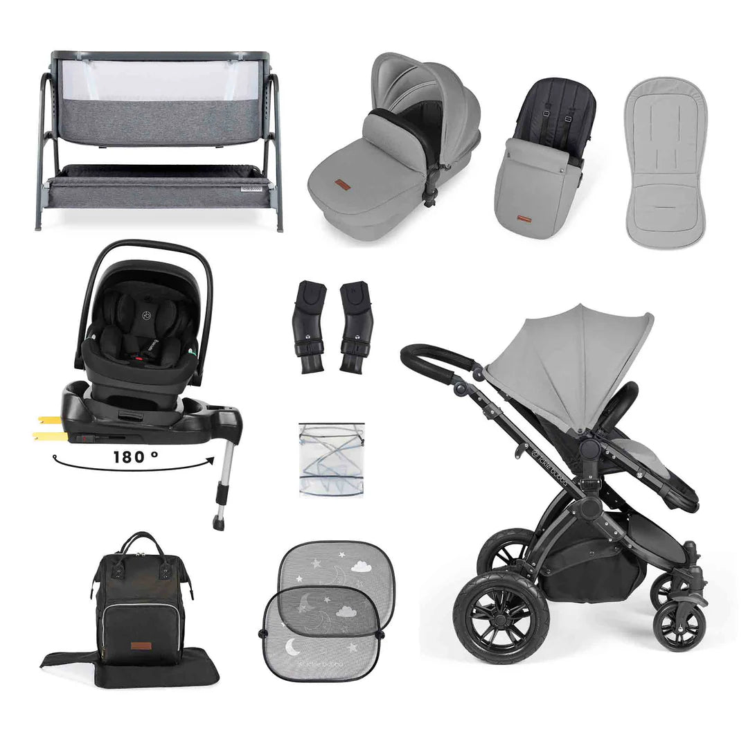 Ickle Bubba Stomp Luxe All-in-One i-Size Travel System with 360 Isofix Base (Nimbus) + Bubba&Me Bedside Crib – 14-Piece Bundle