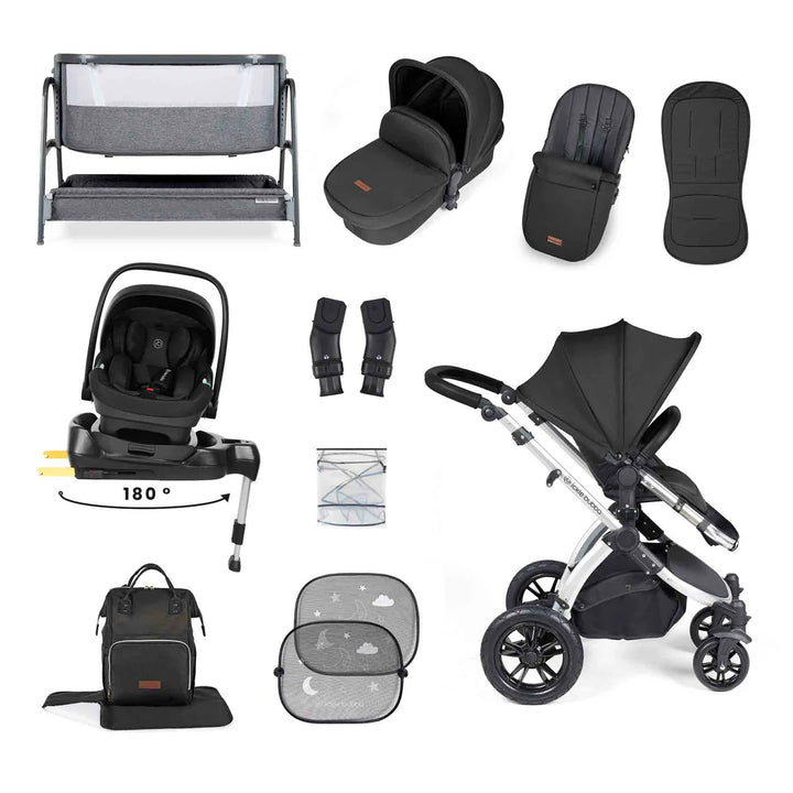 Ickle Bubba Stomp Luxe All-in-One i-Size Travel System with 360 Isofix Base (Nimbus) + Bubba&Me Bedside Crib – 14-Piece Bundle