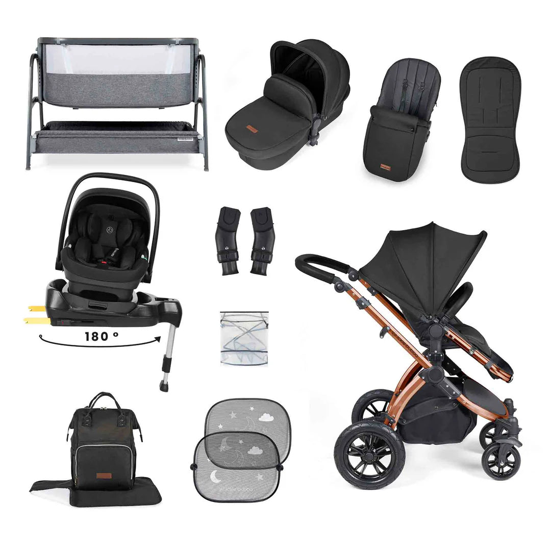 Ickle Bubba Stomp Luxe All-in-One i-Size Travel System with 360 Isofix Base (Nimbus) + Bubba&Me Bedside Crib – 14-Piece Bundle