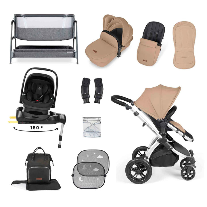 Ickle Bubba Stomp Luxe All-in-One i-Size Travel System with 360 Isofix Base (Nimbus) + Bubba&Me Bedside Crib – 14-Piece Bundle