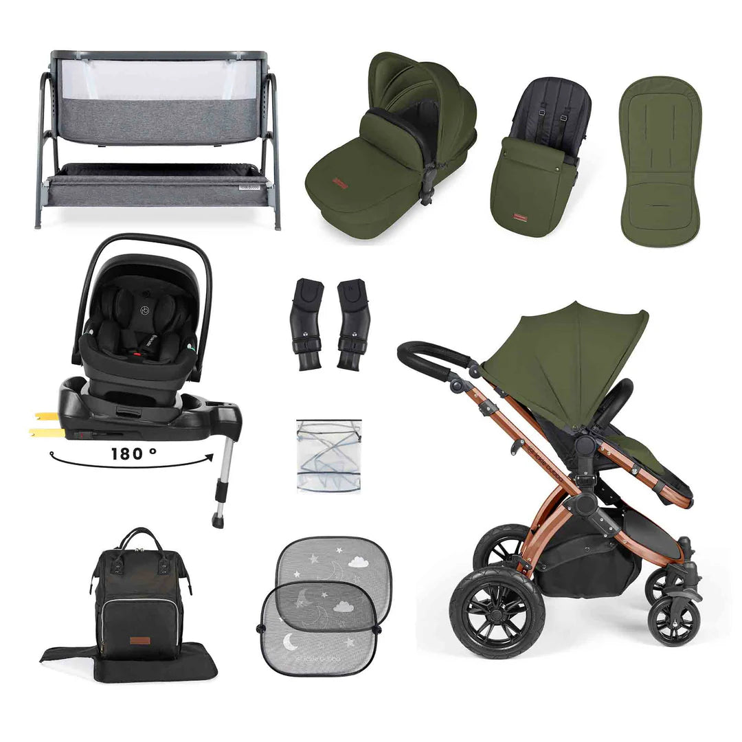 Ickle Bubba Stomp Luxe All-in-One i-Size Travel System with 360 Isofix Base (Nimbus) + Bubba&Me Bedside Crib – 14-Piece Bundle