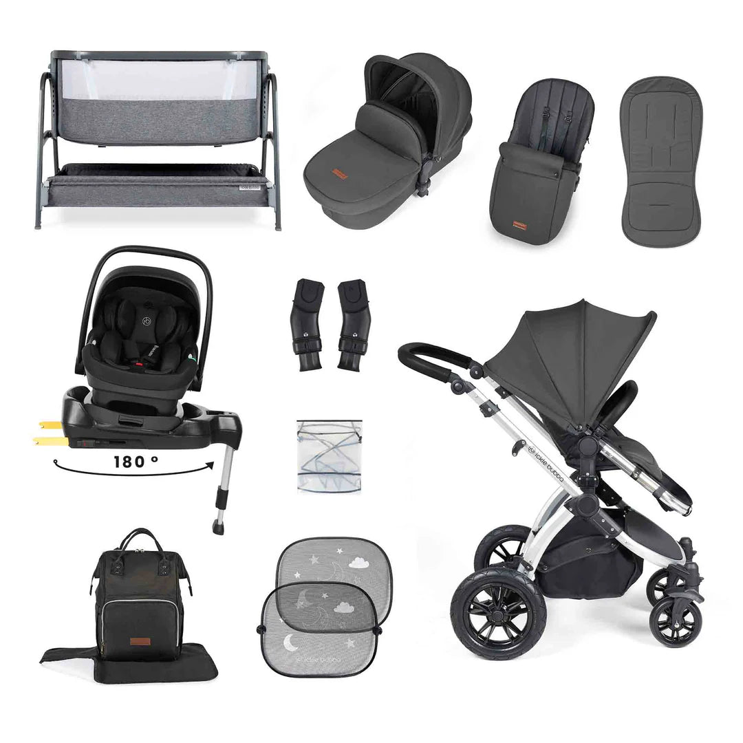 Ickle Bubba Stomp Luxe All-in-One i-Size Travel System with 360 Isofix Base (Nimbus) + Bubba&Me Bedside Crib – 14-Piece Bundle
